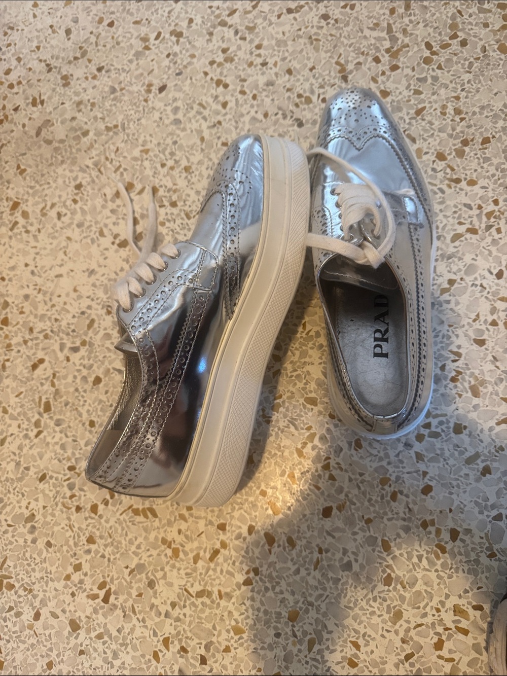 Prada Metallic Silver Lace-Up Platform Sneakers
